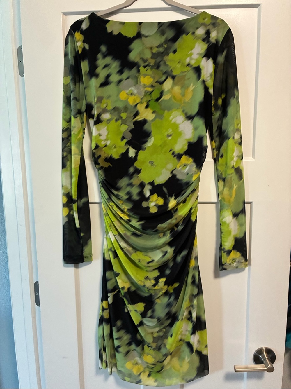 DKNY Black and Lime Green Floral Ruched Long-Sleeve Dress